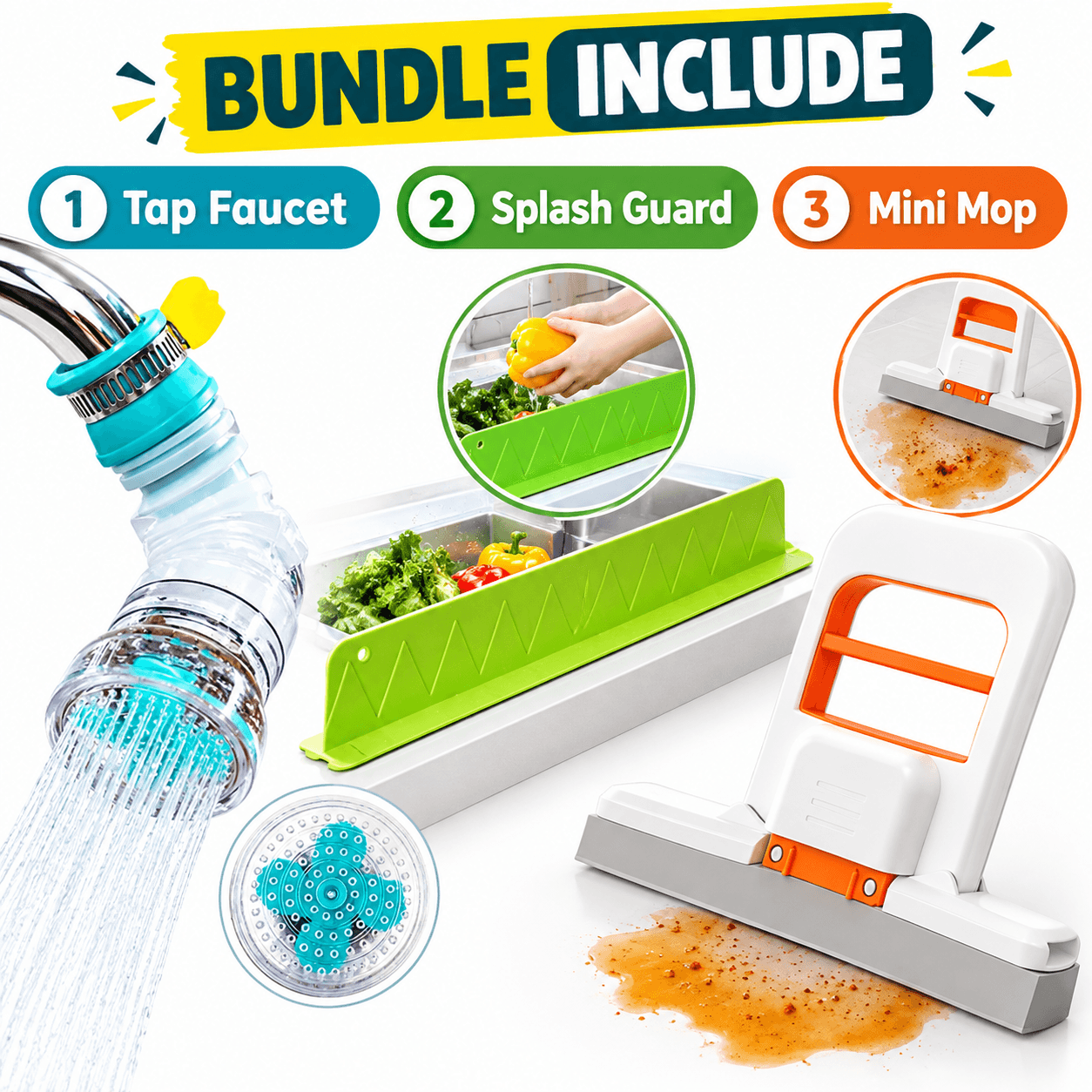 Bundle Of 3 - Faucet + Splash Guard + Mini Mop | Kitchen Pack Of 3