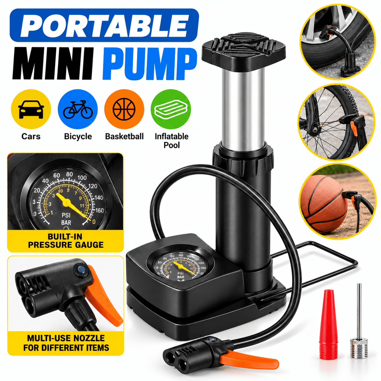 Portable Air Pump With Pressure Meter | Heavy Duty Manual Tyre Inflator Pump for Car, Bike, Bicycle, Motorcycle, Football & Inflatable Toys | Foot Pump