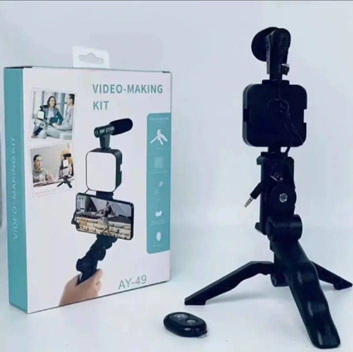 AY-49 Vlogging Kit | Portable Video Recording Setup with LED Light, Shotgun Mic & Flexible Tripod without Remote